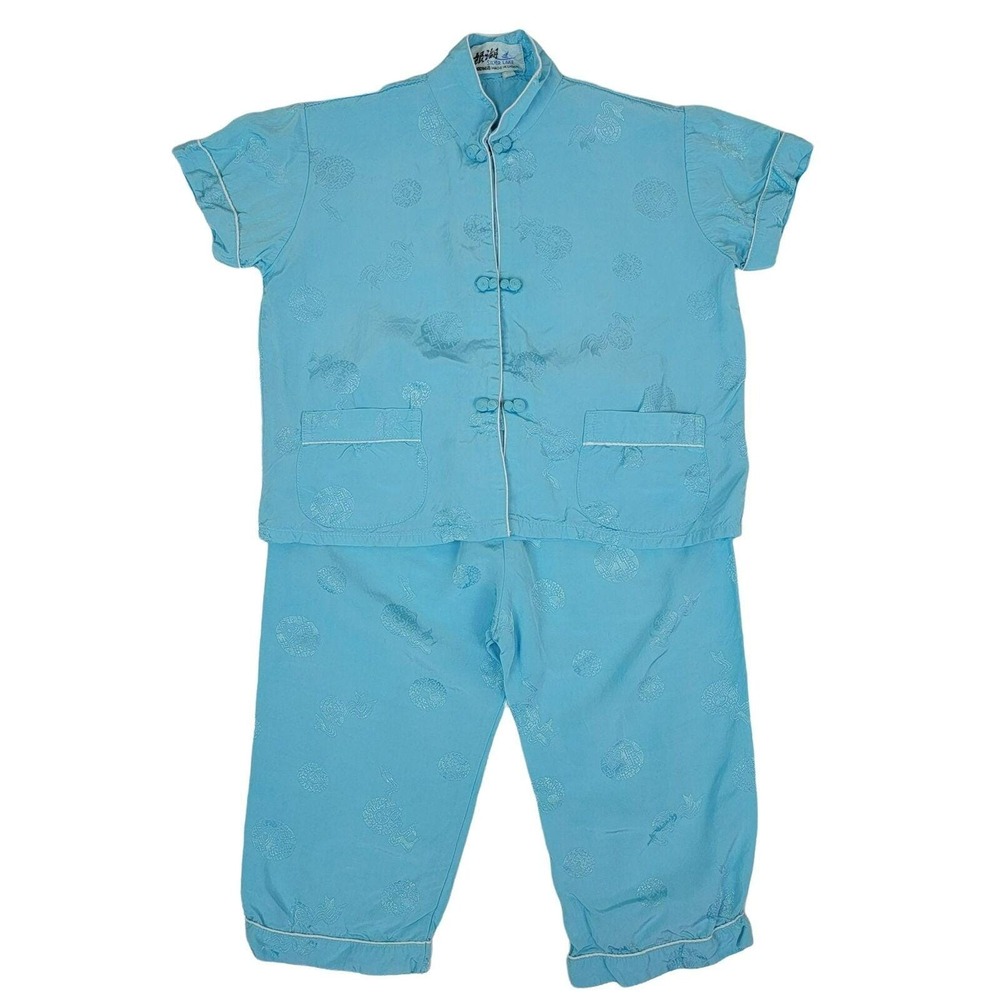 VTG 80s Chinese New Year Outfit Girls 18M Tang Suit Frog Button Pants Set Blue